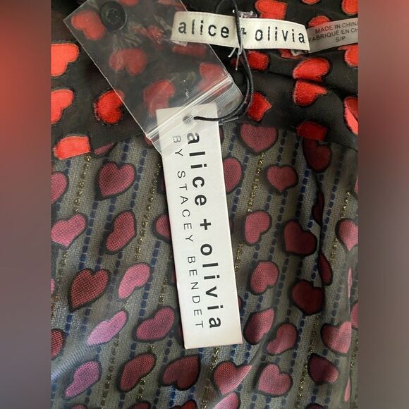 Alice + Olivia Shirt Womens Silk Small Black Red Hearts Printed Long Sleeve NWT - Picture 13 of 13